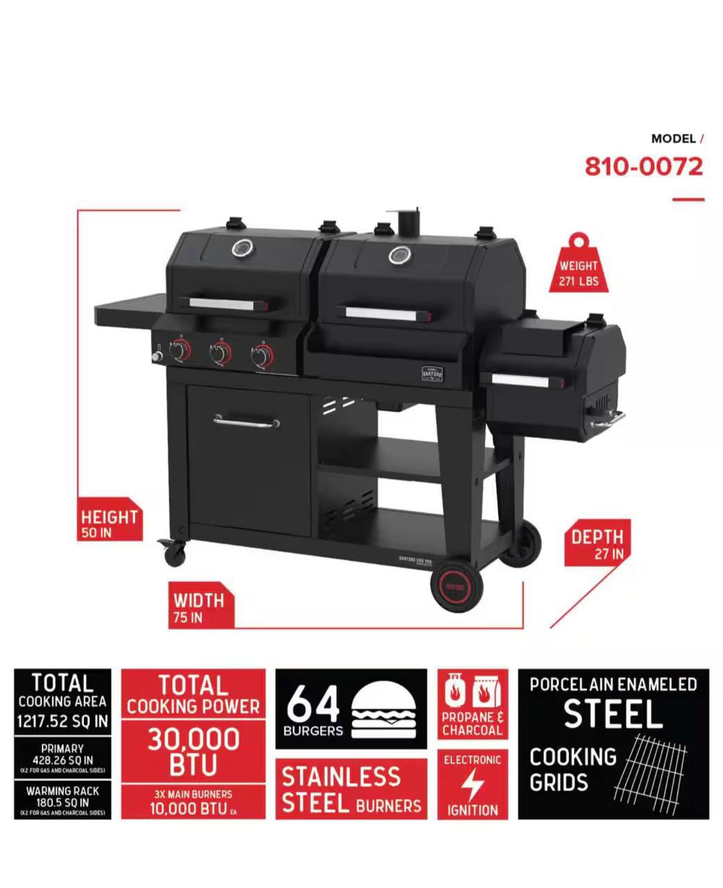 Oakford 1150 Pro 3-Burner Propane Gas and Offset Charcoal Smoker Combo Grill in Black - Image 4