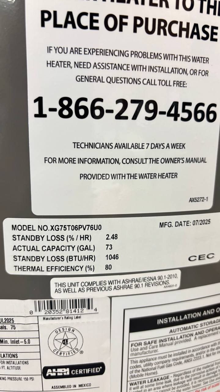 Rheem Performance 75 Gal. Tall 76,000 BTU Natural Gas Power Vent Water Heater - Image 4