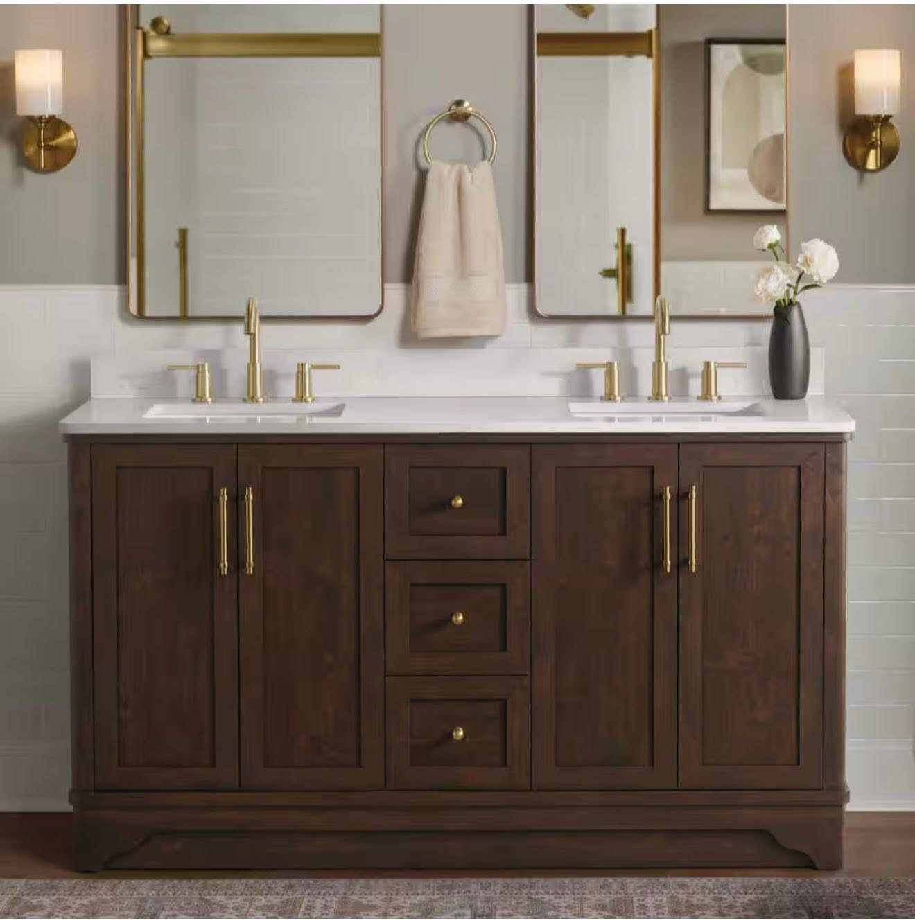 Eastwood 61 in. Double Sink Dark Walnut Bath Vanity with Carrara White Engineered Stone Top (Assembled)