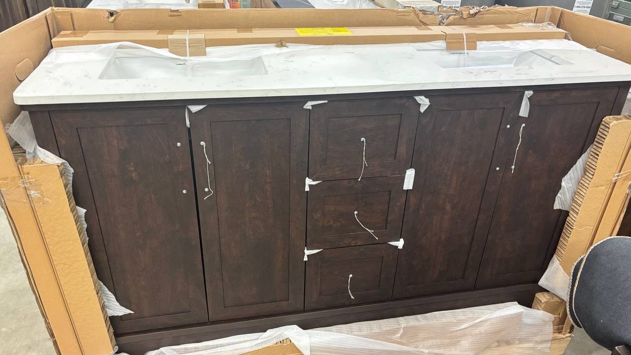 Eastwood 61 in. Double Sink Dark Walnut Bath Vanity with Carrara White Engineered Stone Top (Assembled) - Image 3