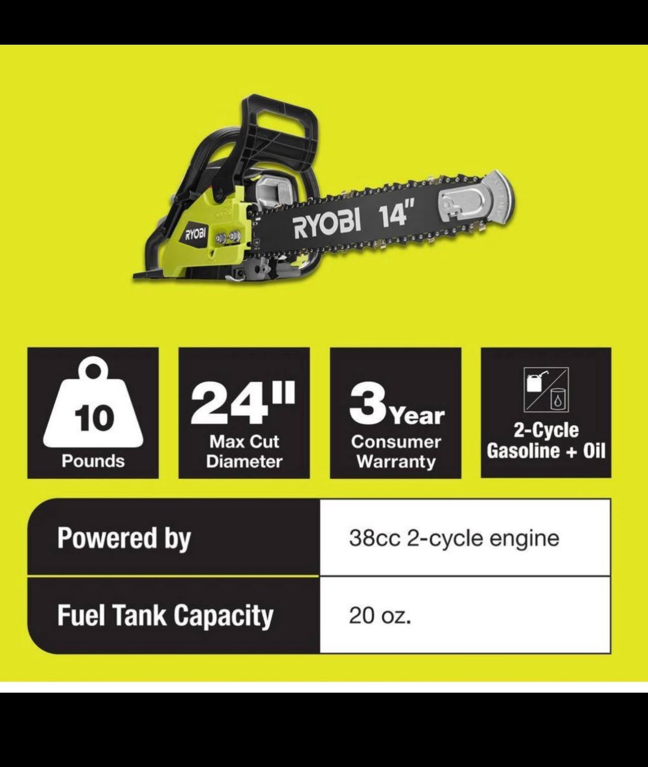 Ryobi 14 in. 37cc 2-Cycle Gas Chainsaw