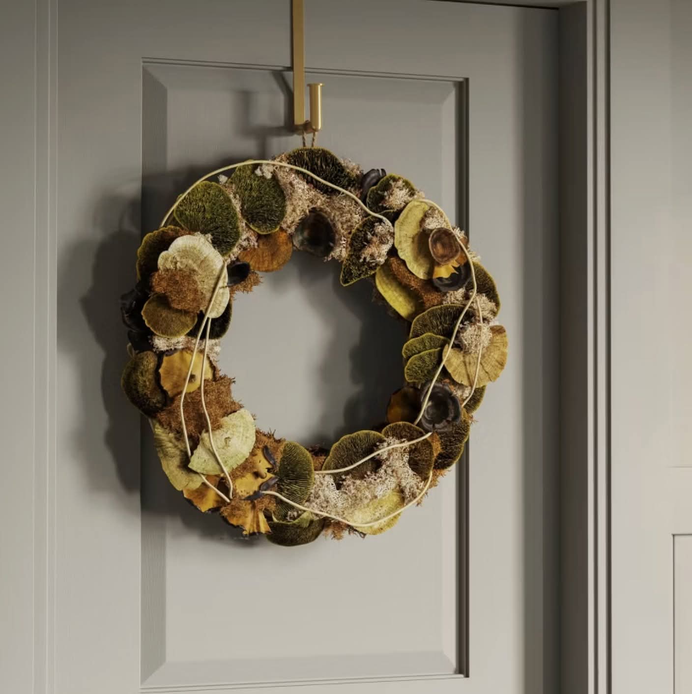 Threshold preserved mushroom and moss wreath