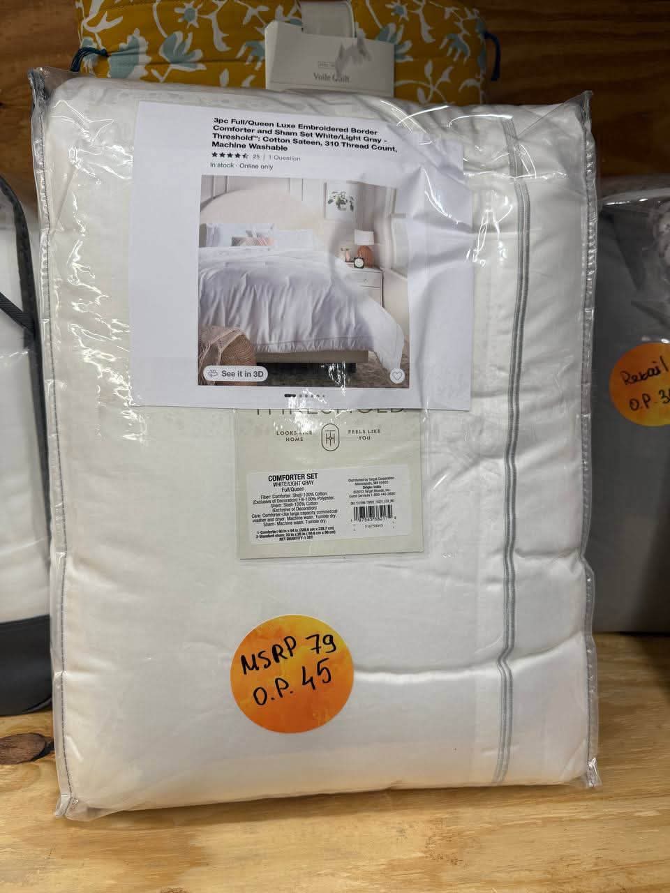 Threshold 3pc Full/Queen Luxe Embroidered Border Comforter and Sham Set, White/Light Gray - Image 2