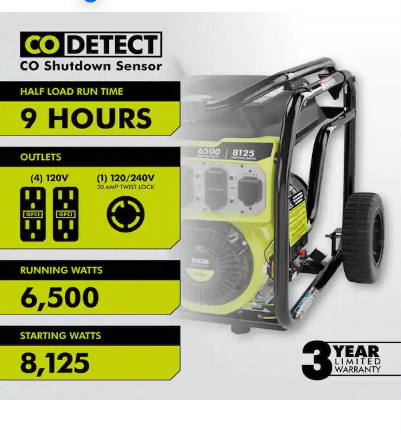 Ryobi 8125/6500-Watt Gas Powered Portable Generator With CO Detect Shutdown Sensor For Storms and Jobsites - Image 2