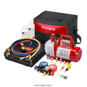 110V 1/2 HP 5CFM 2 Stage HVAC Vacuum Pump and 4 Way AC Manifold Gauge Set Kit with Leak Detector 5 ft. Hoses