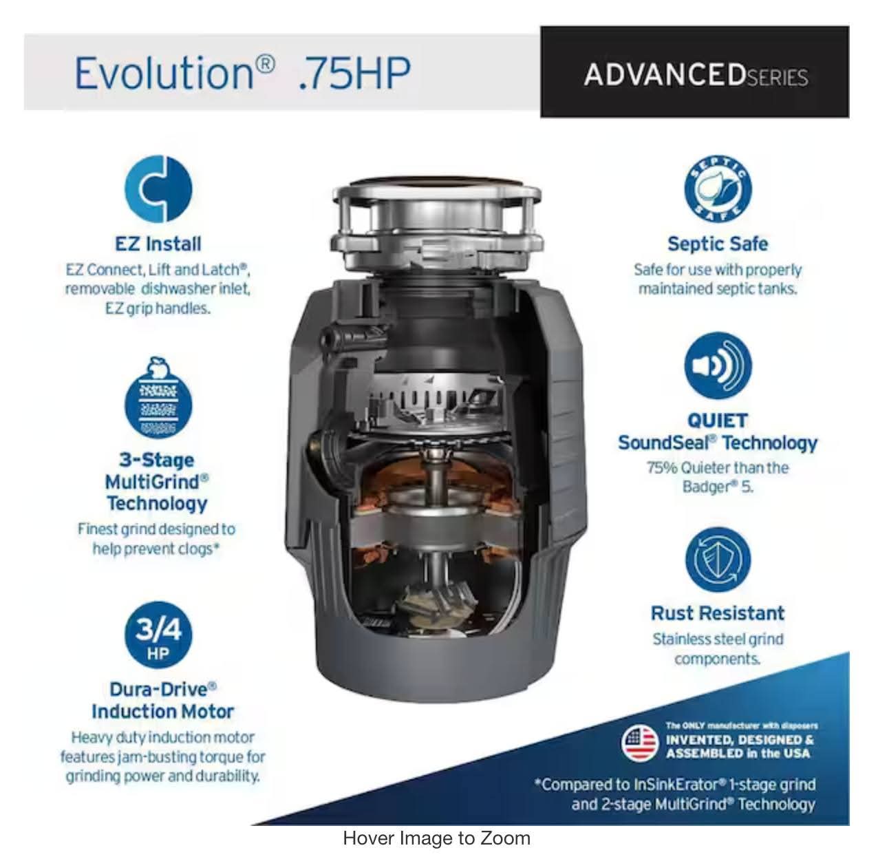 InSinkErator Evolution .75HP, 3/4 HP Garbage Disposal, Advanced Series EZ Connect Continuous Feed Food Waste Disposer - Image 2