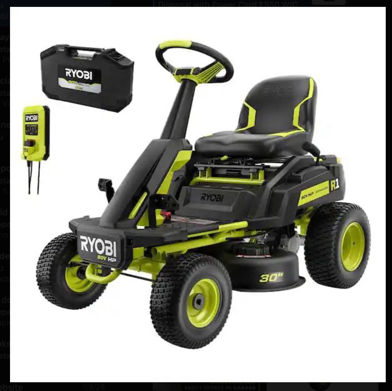 RYOBI R1 80V HP Brushless Lithium Battery Cordless Electric 30 in. Riding Lawn Mower with 14 Ah Battery and Charger