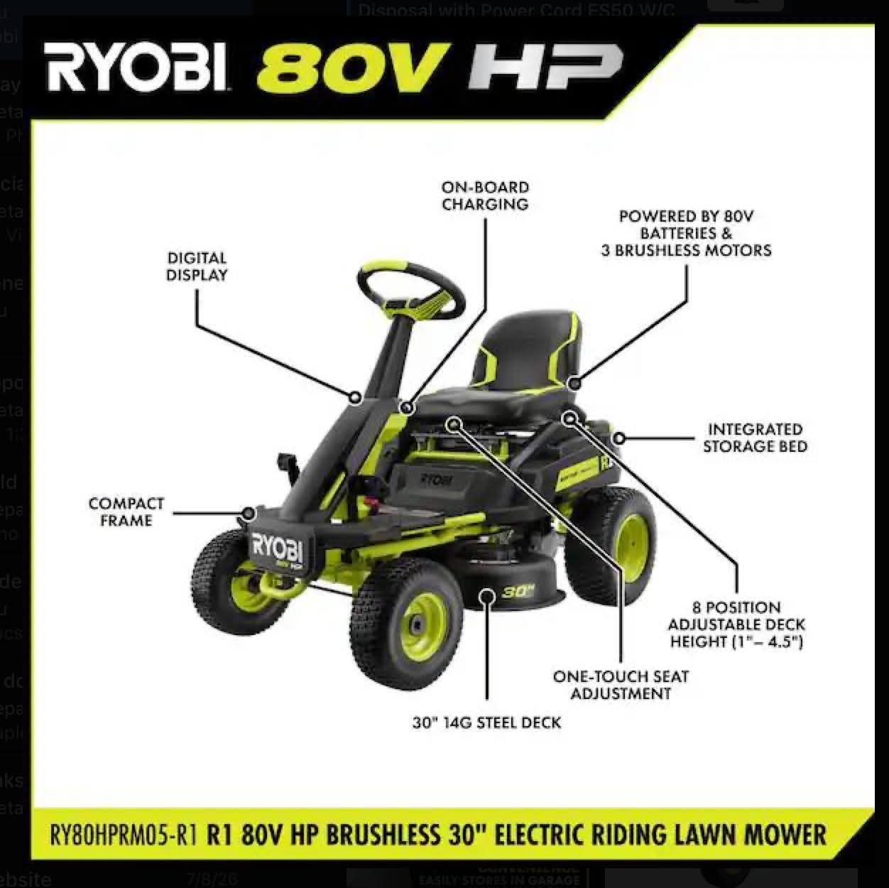 RYOBI R1 80V HP Brushless Lithium Battery Cordless Electric 30 in. Riding Lawn Mower with 14 Ah Battery and Charger - Image 2