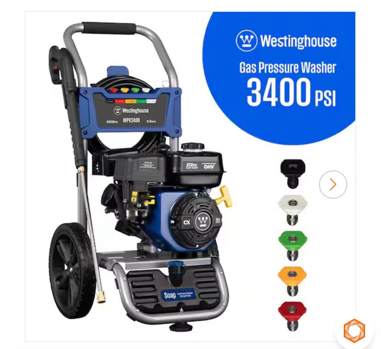 Westinghouse 3400 PSI 2.6 GPM Gas Powered Axial Cam Pump Cold Water Pressure Washer with Soap Tank and 5 Quick Connect Tips