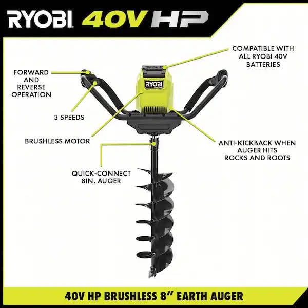 RYOBI 40V HP Brushless Cordless Earth Auger Powerhead with 8 in. Bit with 4.0 Ah Battery and Charger - Image 3