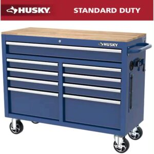 HuskyTool Storage 46 in. W x 18 in. D 9-Drawer Gloss Blue Mobile Workbench Cabinet