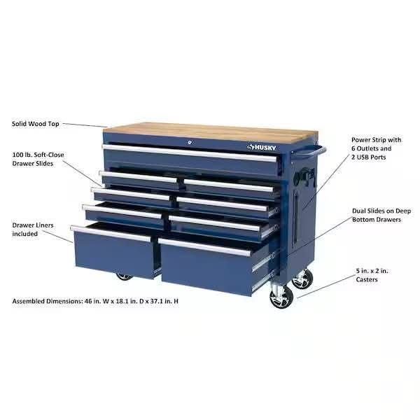 HuskyTool Storage 46 in. W x 18 in. D 9-Drawer Gloss Blue Mobile Workbench Cabinet - Image 4