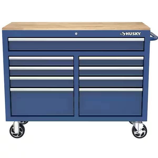 HuskyTool Storage 46 in. W x 18 in. D 9-Drawer Gloss Blue Mobile Workbench Cabinet - Image 5